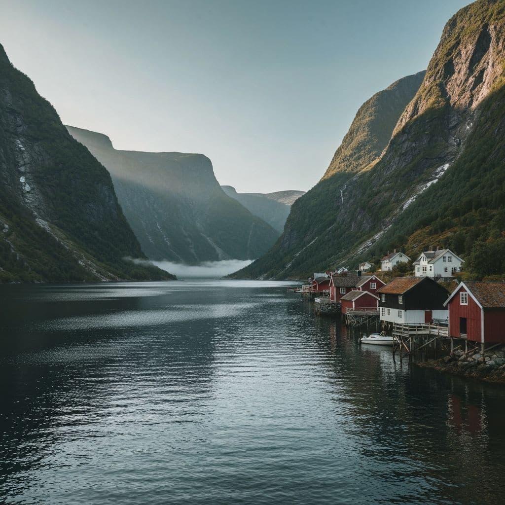 A Norwegian fjord with steep mountainsides, a waterfall, red waterside trading buildings, and a calm channel of water