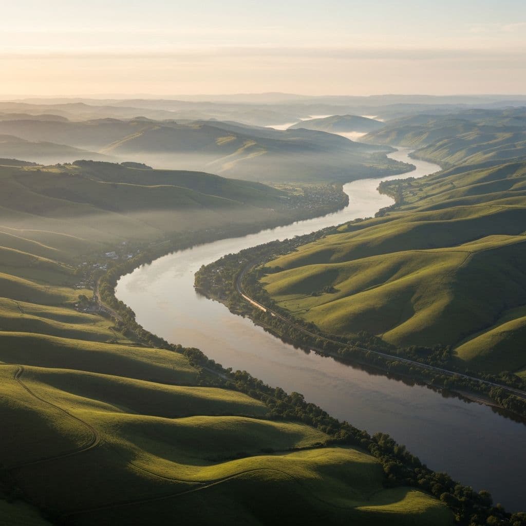 Aerial view of rolling green hills flowing into a winding river meeting the sea at early morning with soft golden light and atmospheric mist